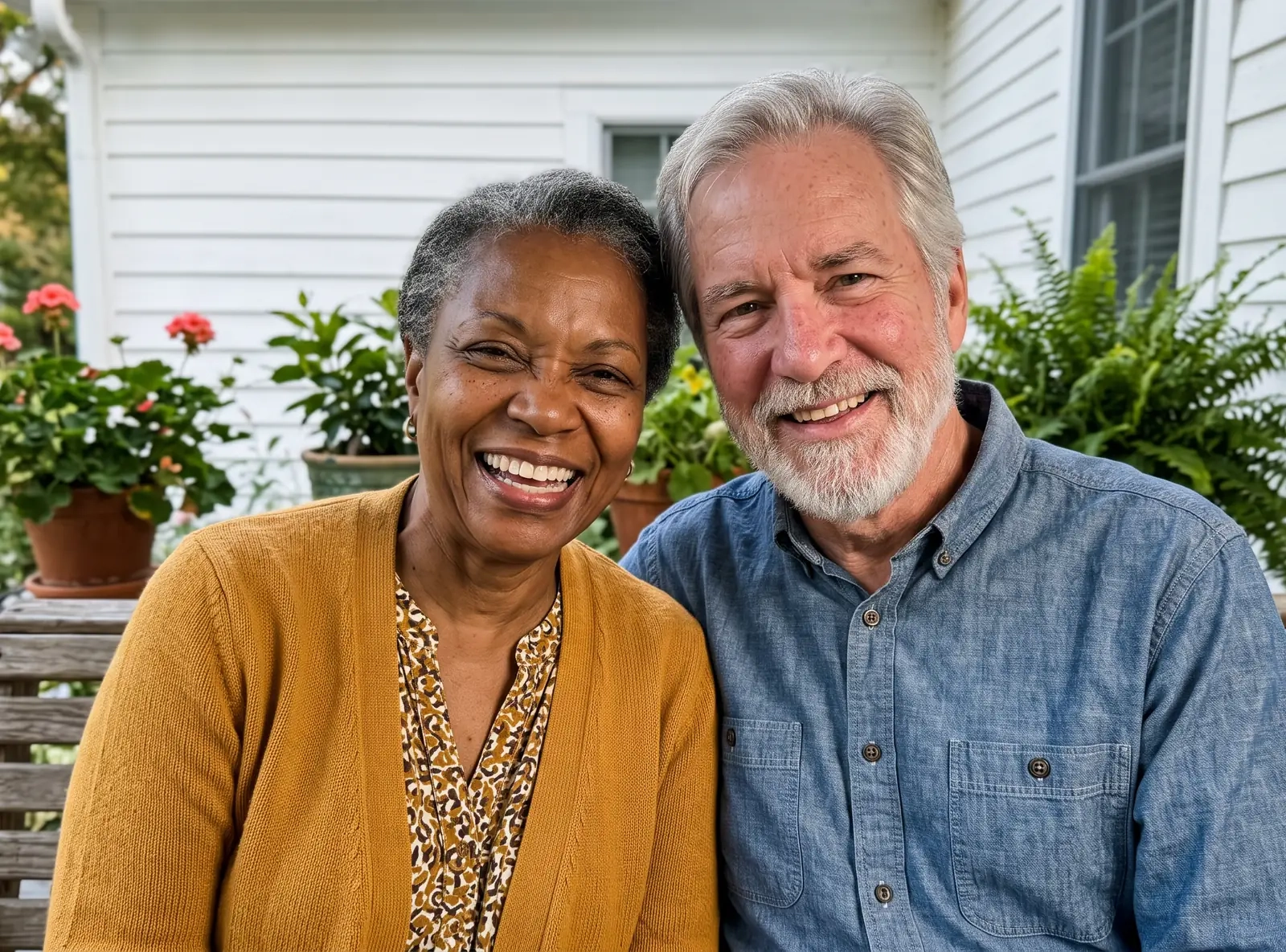 A couple in their sixties laugh together on the porch of a white clapboard house with flower pots, she in a mustard cardigan, he in a chambray shirt (AI-generated image)