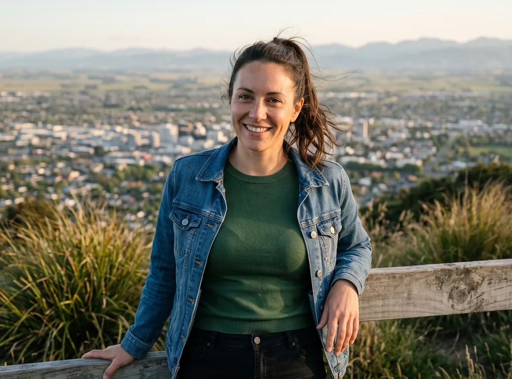 A woman with a loose dark ponytail in a green knit top and a denim jacket leans on a wooden fence at a lookout on the Port Hills at golden hour, the city of Christchurch spread out behind her, and smiles at the camera (AI-generated image)