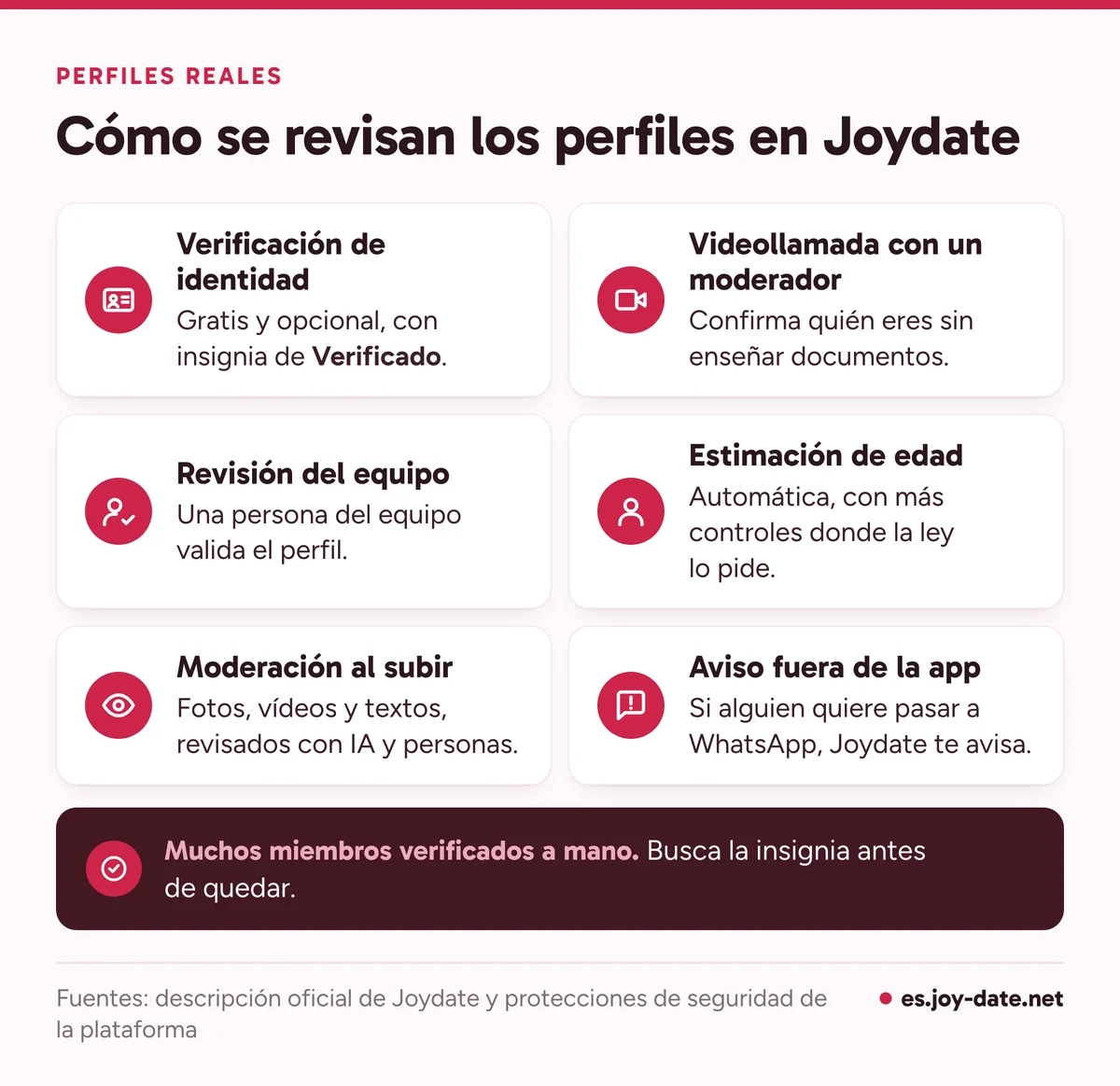 Seis comprobaciones de Joydate: verificación de identidad gratis, videollamada con moderador, revisión del equipo, edad, moderación y aviso