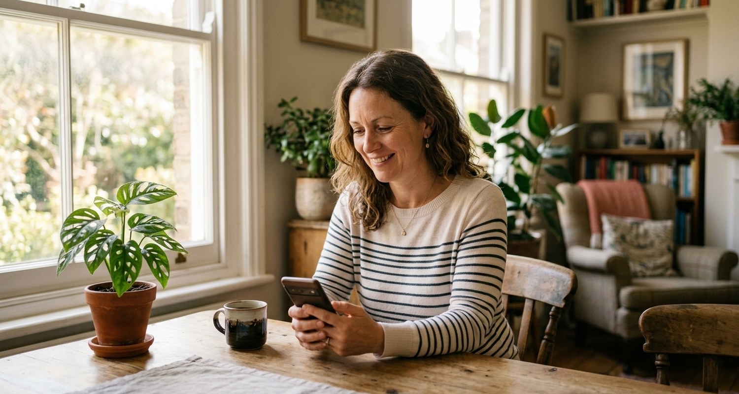 A woman in her forties relaxing at home with a coffee, smiling at her phone in warm daylight