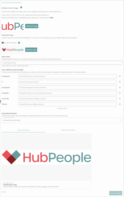 The brand Social and Sharing Defaults form: default share image with guidance to use a JPG or PNG, metadata logo with a use-brand-logo toggle, site name, official social profile fields, canonical domain, and a live social preview.