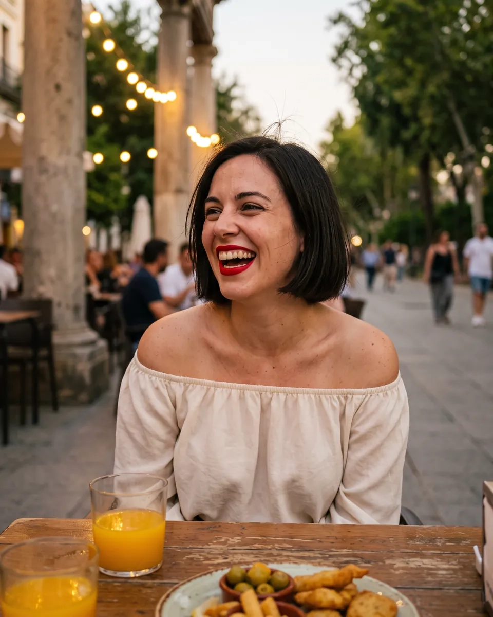 Una mujer de melena corta se ríe en una terraza de la Alameda de Hércules, en Sevilla, con zumo de naranja y tapas en la mesa (imagen generada por IA)