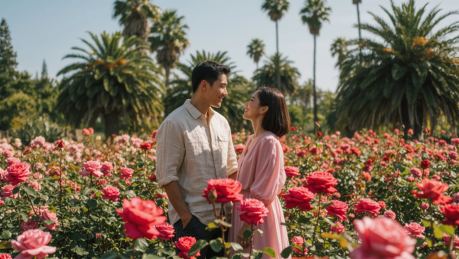 A couple in their thirties smiling at each other in a rose garden with palm trees behind
