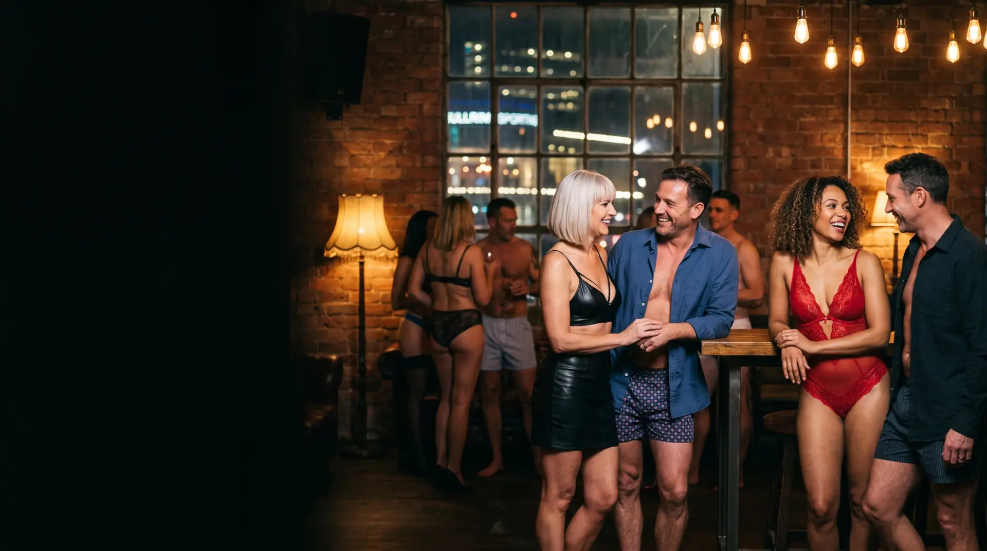 Two couples flirting at a high table in a brick-walled club, the city lights behind them