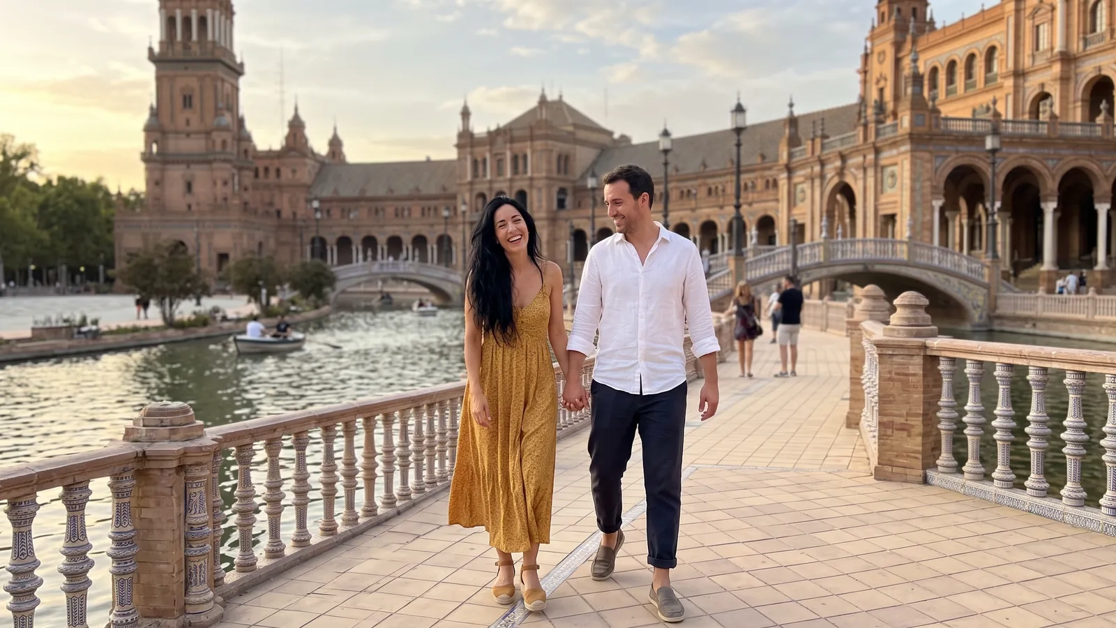 Una pareja pasea de la mano junto al canal de la Plaza de España de Sevilla a la hora dorada, con los puentes y el edificio de ladrillo detrás (imagen generada por IA)