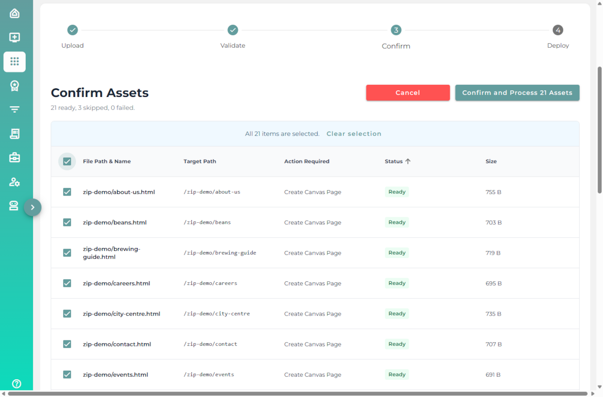 The table with every row selected, the bar reading All 21 items are selected with a Clear selection link, and the Confirm and Process 21 Assets button now enabled.
