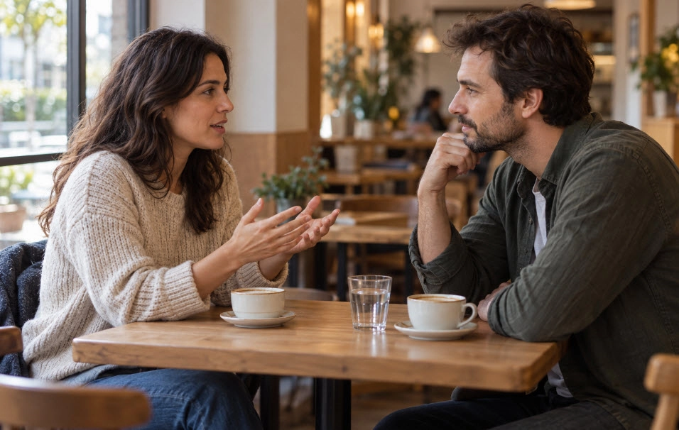 Dos adultos conversando frente a frente en la mesa de un café