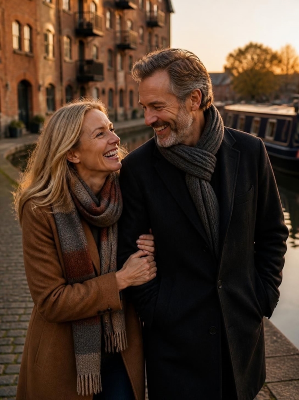 A happy couple in their fifties walking arm in arm beside a canal at sunset, laughing together