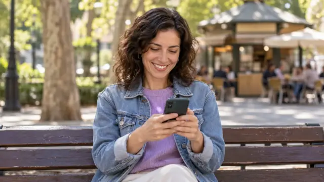 Persona sonriente en un banco de un parque mirando su móvil antes de proponer una cita