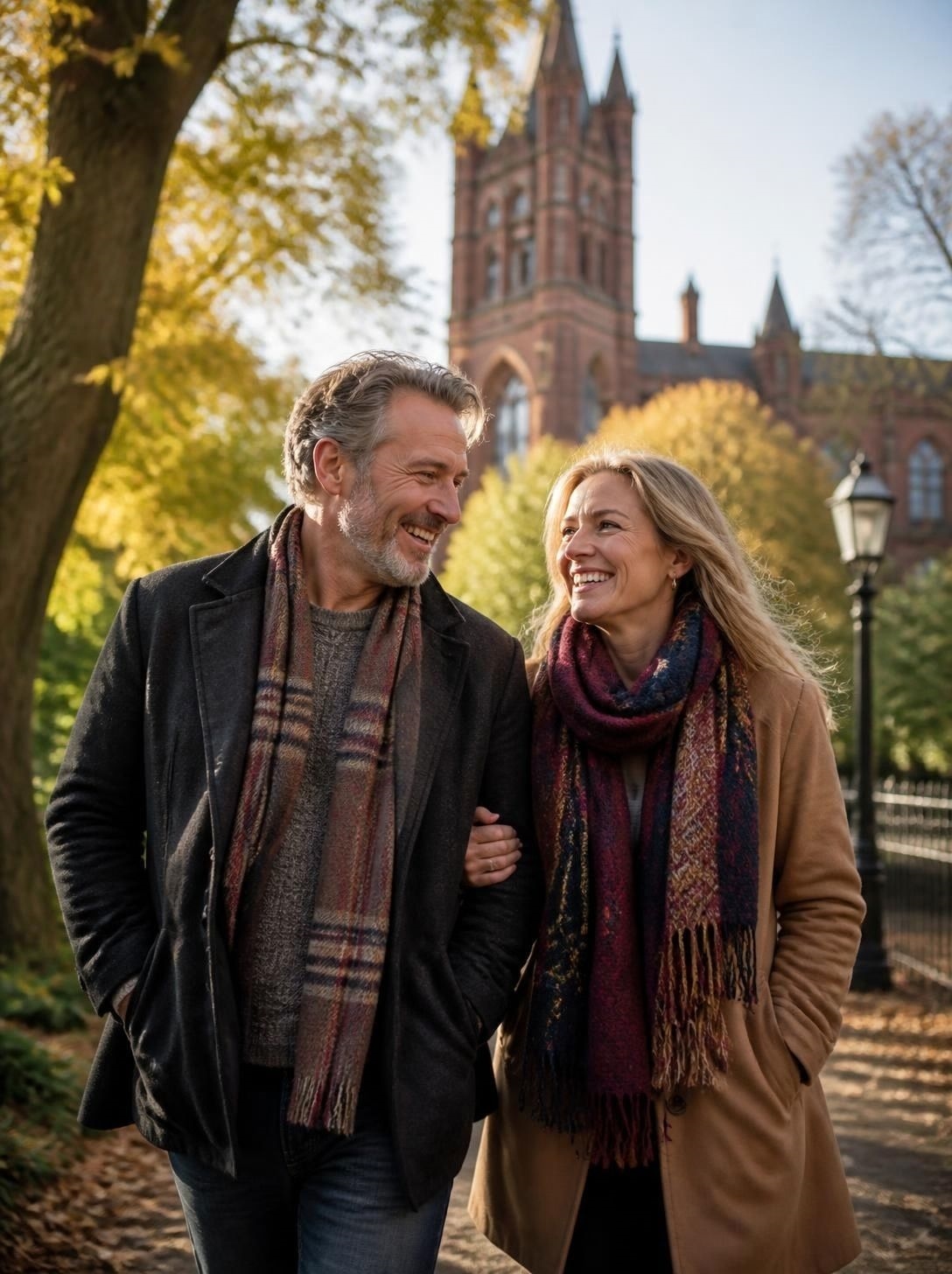 A happy couple walking arm in arm through an autumn park with a red sandstone tower behind them