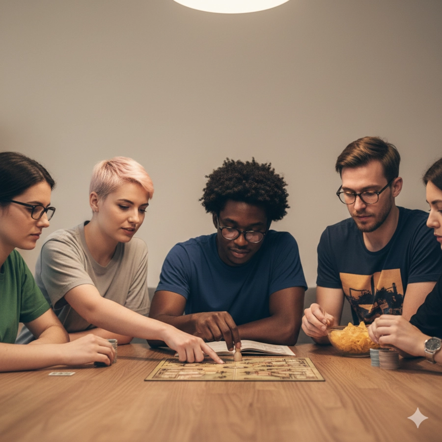 Person overcoming social anxiety at a welcoming board game meetup