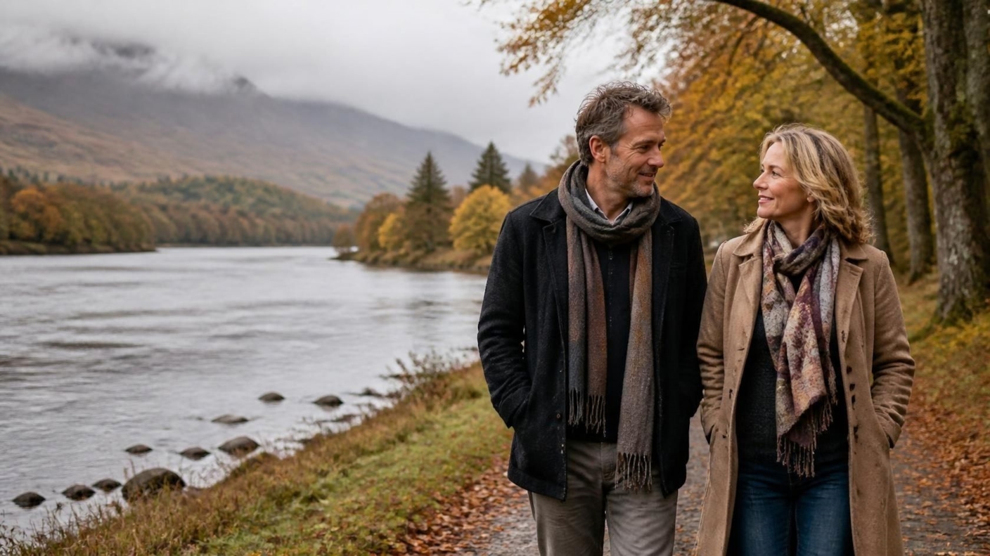 A couple walking and talking along a riverside path in autumn