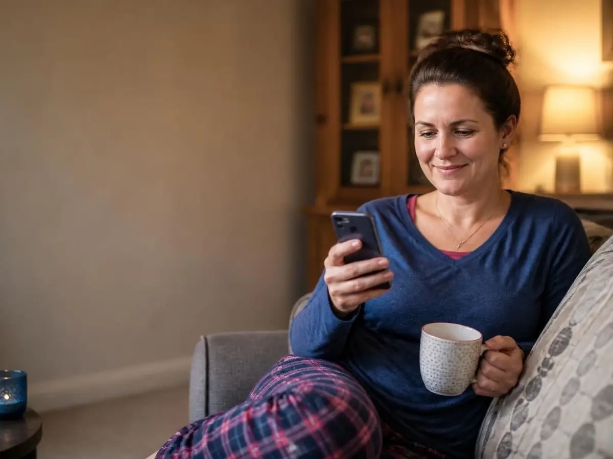 A Mum relaxing on the sofa with a cup of tea, smiling at a message on her phone