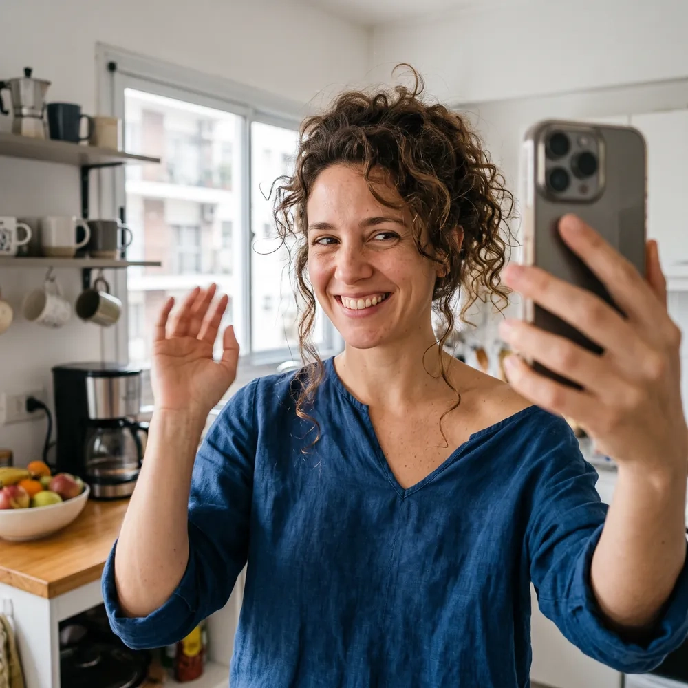 Una mujer de pelo rizado y blusa azul saluda con la mano al móvil, como en una videollamada, en una cocina luminosa (imagen generada por IA)