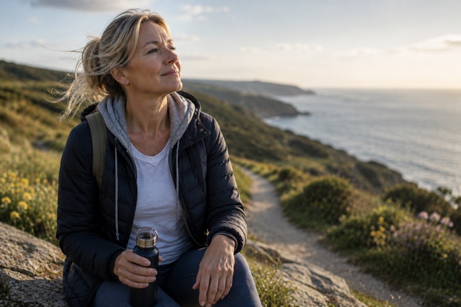 A woman sits on a rock along a coastal hiking path at sunset, holding a water bottle, looking out at the sea with a calm, contented expression