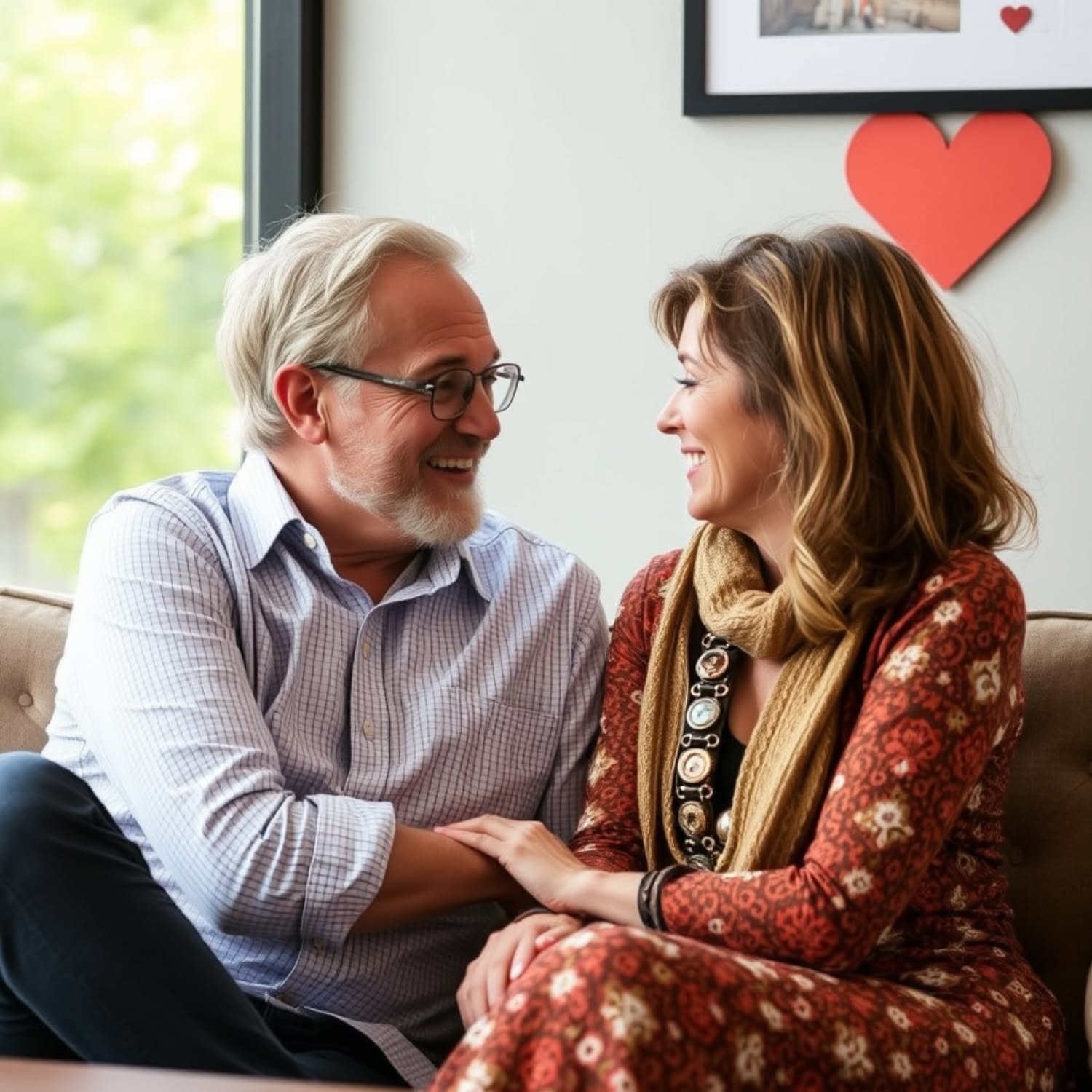 A couple smiling and holding hands while sitting together on a sofa