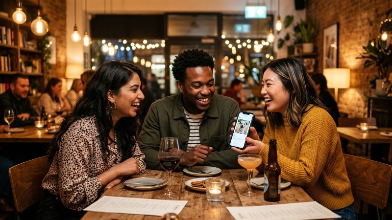 Friends at a restaurant laughing and chatting about dating