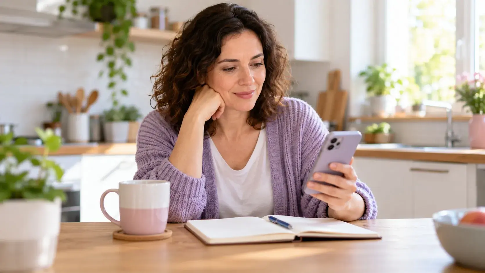 Persona revisa con calma su móvil en la mesa de la cocina junto a una libreta y un café