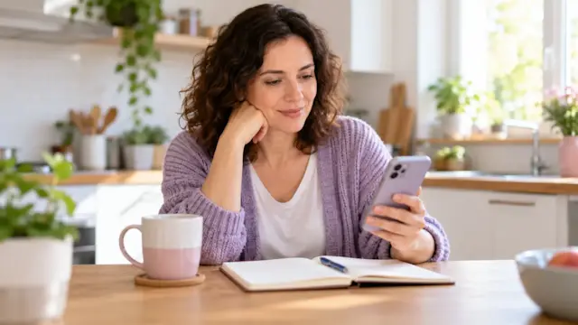 Persona revisa con calma su móvil en la mesa de la cocina junto a una libreta y un café