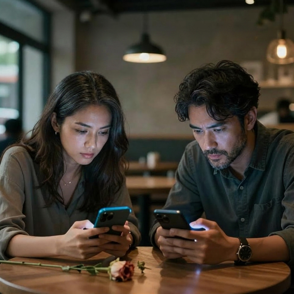 A couple sit close together at a cafe table, each looking down at their own phone instead of each other, with a wilting rose on the table