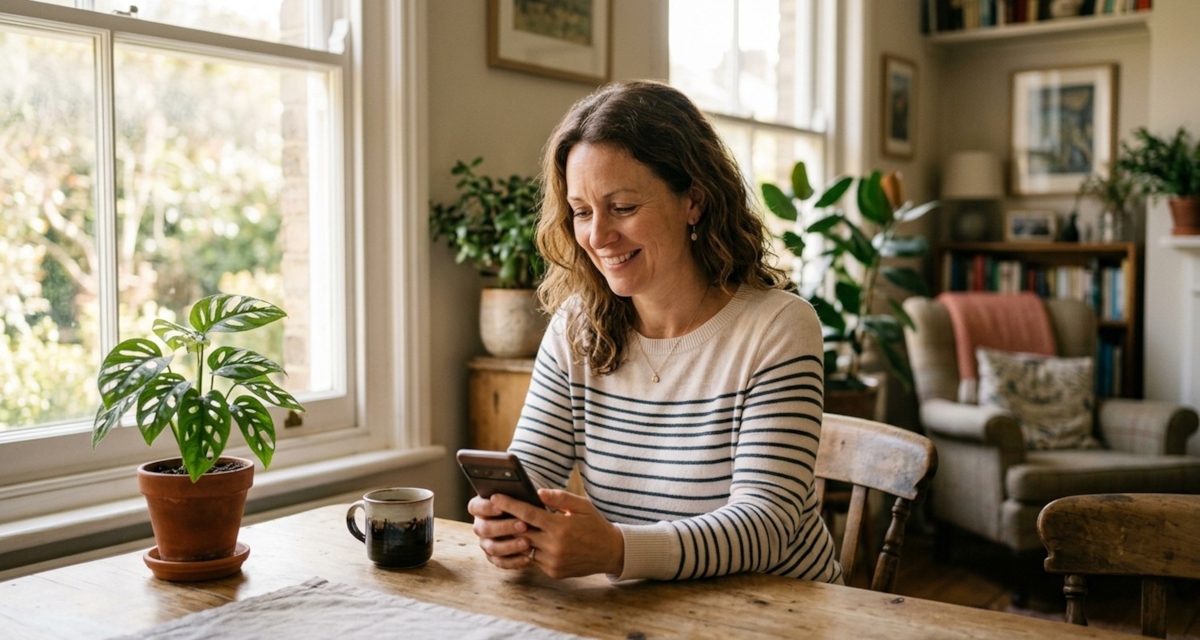 A woman relaxing at home with a coffee, checking her phone