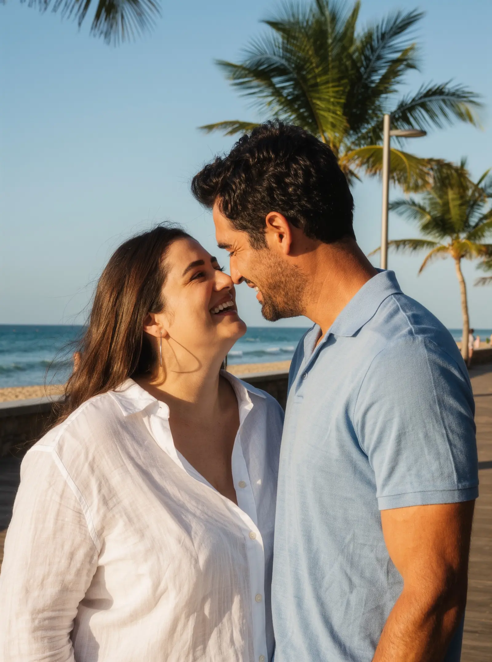 A woman in a white linen shirt and a man in a blue polo smiling at each other on a beachfront boardwalk with palm trees and the ocean behind them