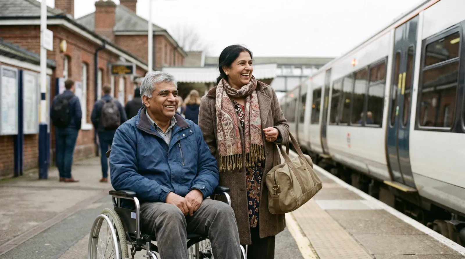 A couple on a railway platform as a train arrives; the man is a wheelchair user and the woman carries a travel bag