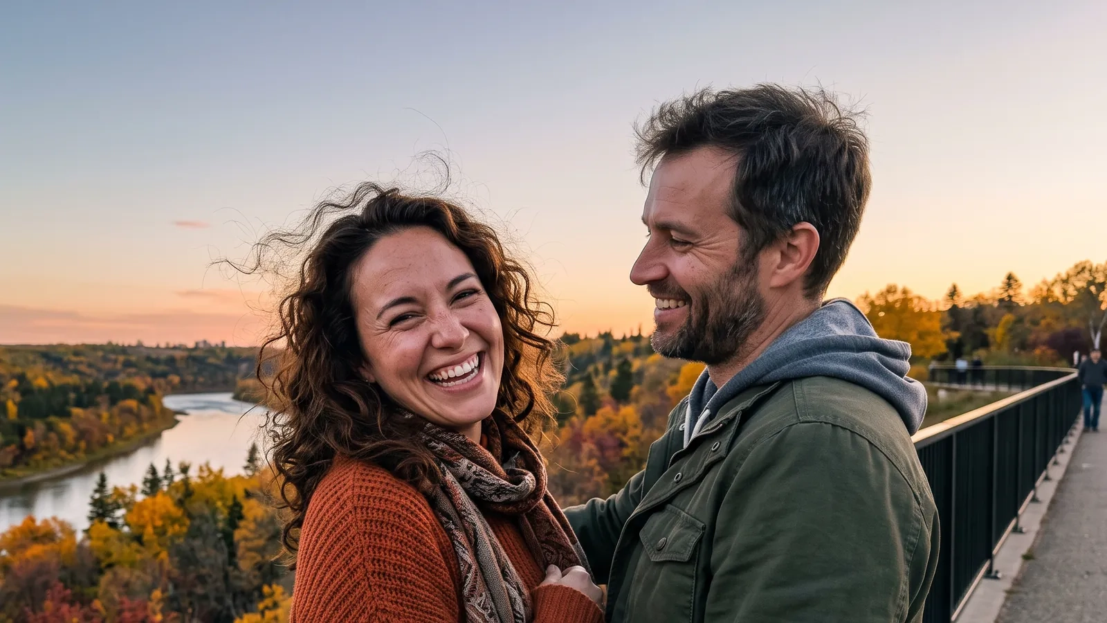 A laughing couple at a railing above Edmonton's river valley on an autumn evening (AI-generated image)