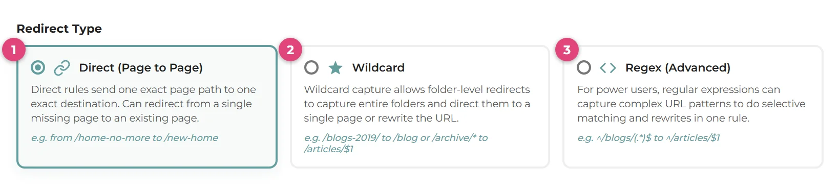 The three rule type cards: marker 1 on Direct (Page to Page), marker 2 on Wildcard, marker 3 on Regex (Advanced).