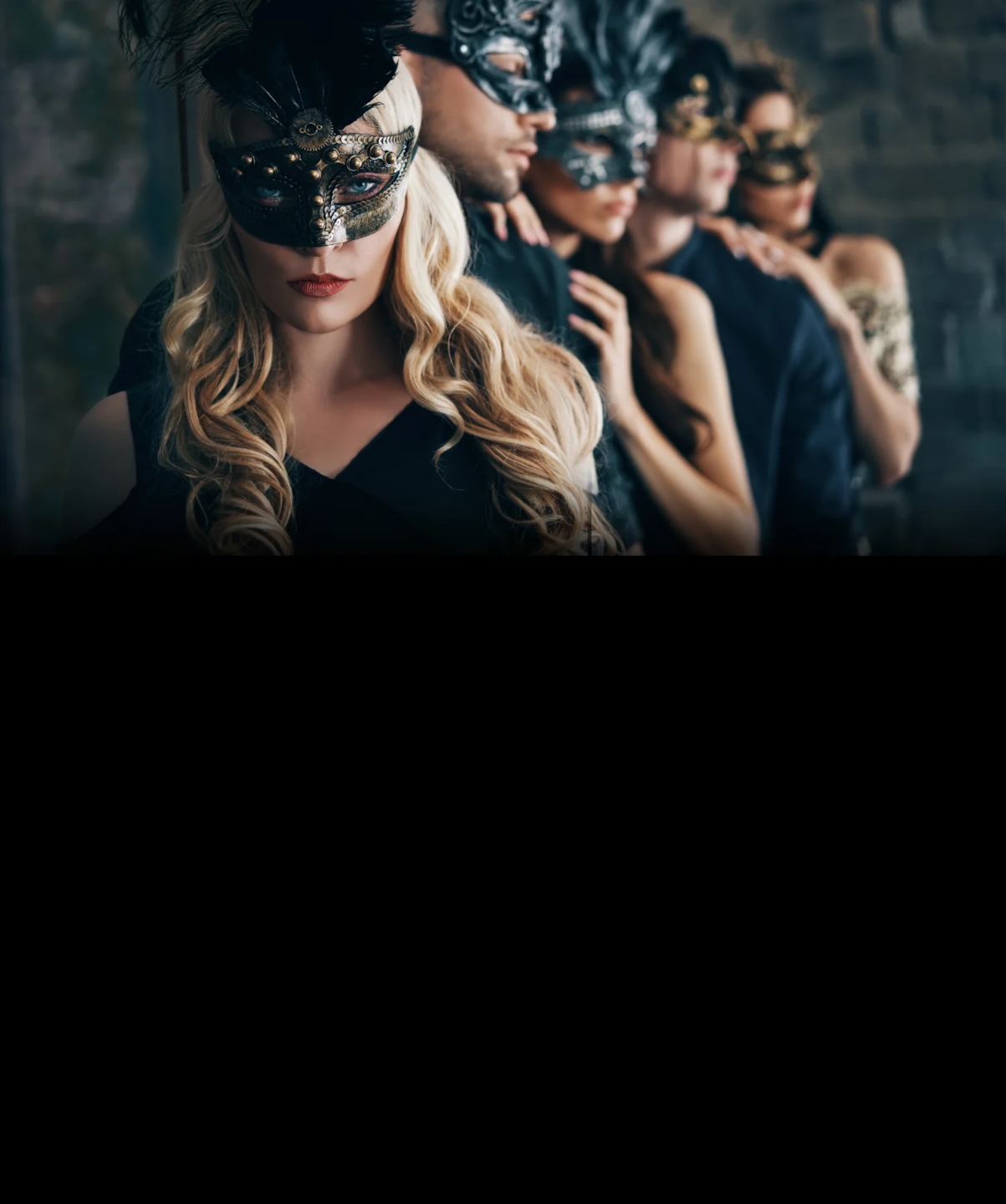 A group of couples wearing masquerade masks at a swingers party, close together and smiling