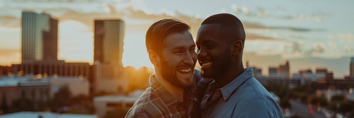 A vibrant representation of Philadelphia's LGBTQ+ community, showcasing diverse couples enjoying local parks and nightlife.