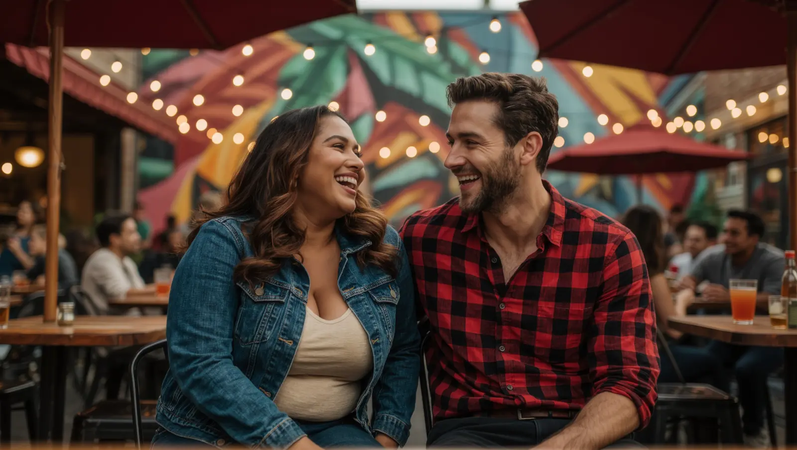 A woman in a denim jacket and a man in a red checked shirt laughing together at a busy patio bar under colourful murals and string lights