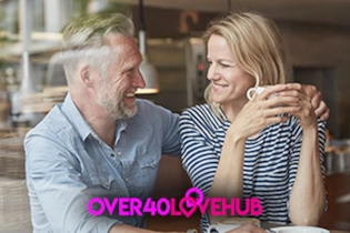 Over 40 singles enjoying a coffee whilst on a first date on Over 40 Love Hub app