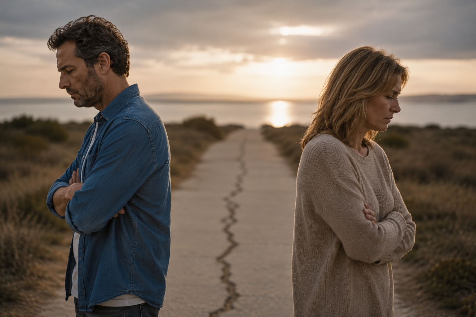A man and woman stand back to back on a path with a crack running through it, arms crossed, looking down, at sunset by the sea