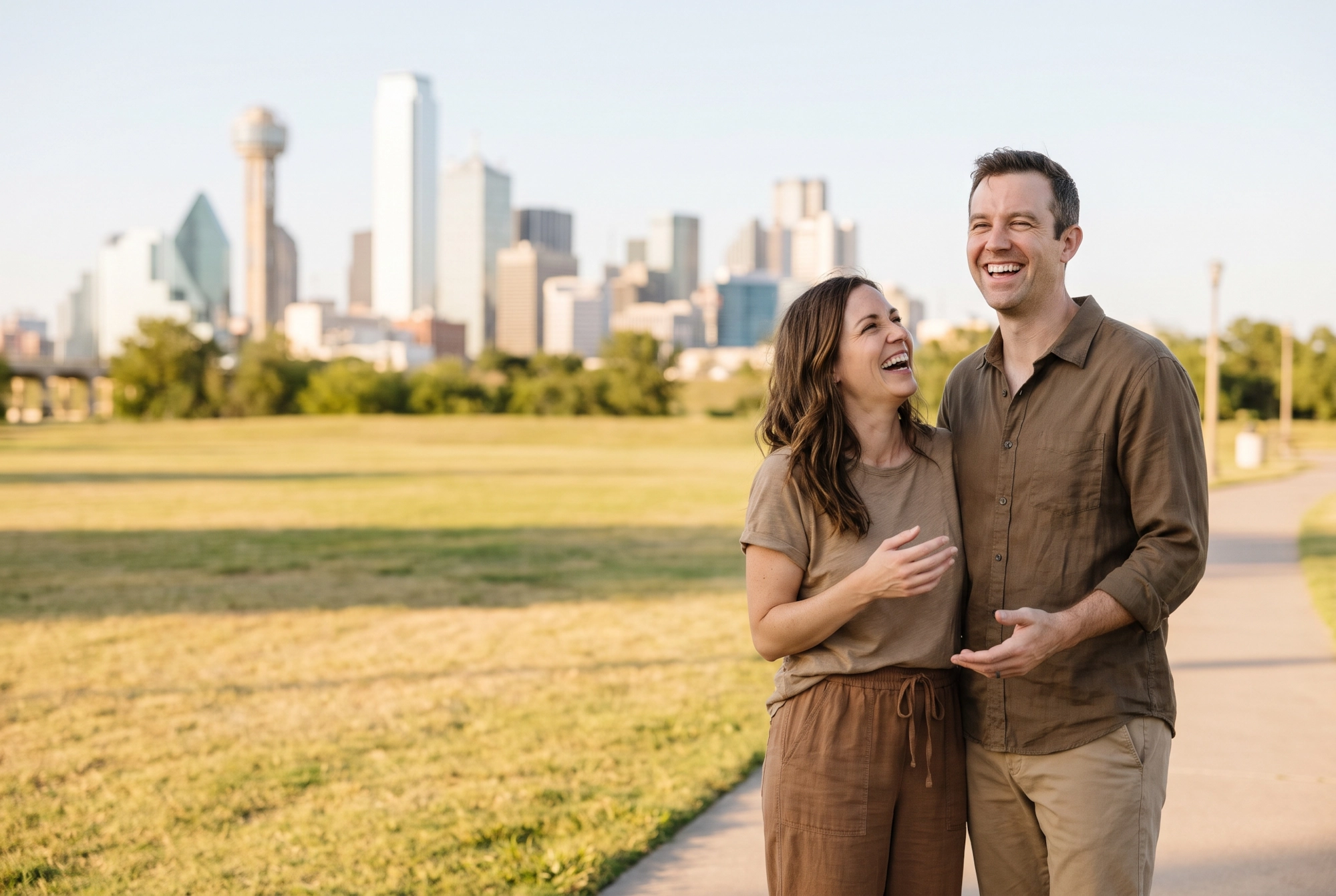 A happy couple laughing together in a Dallas park with the downtown skyline behind them
