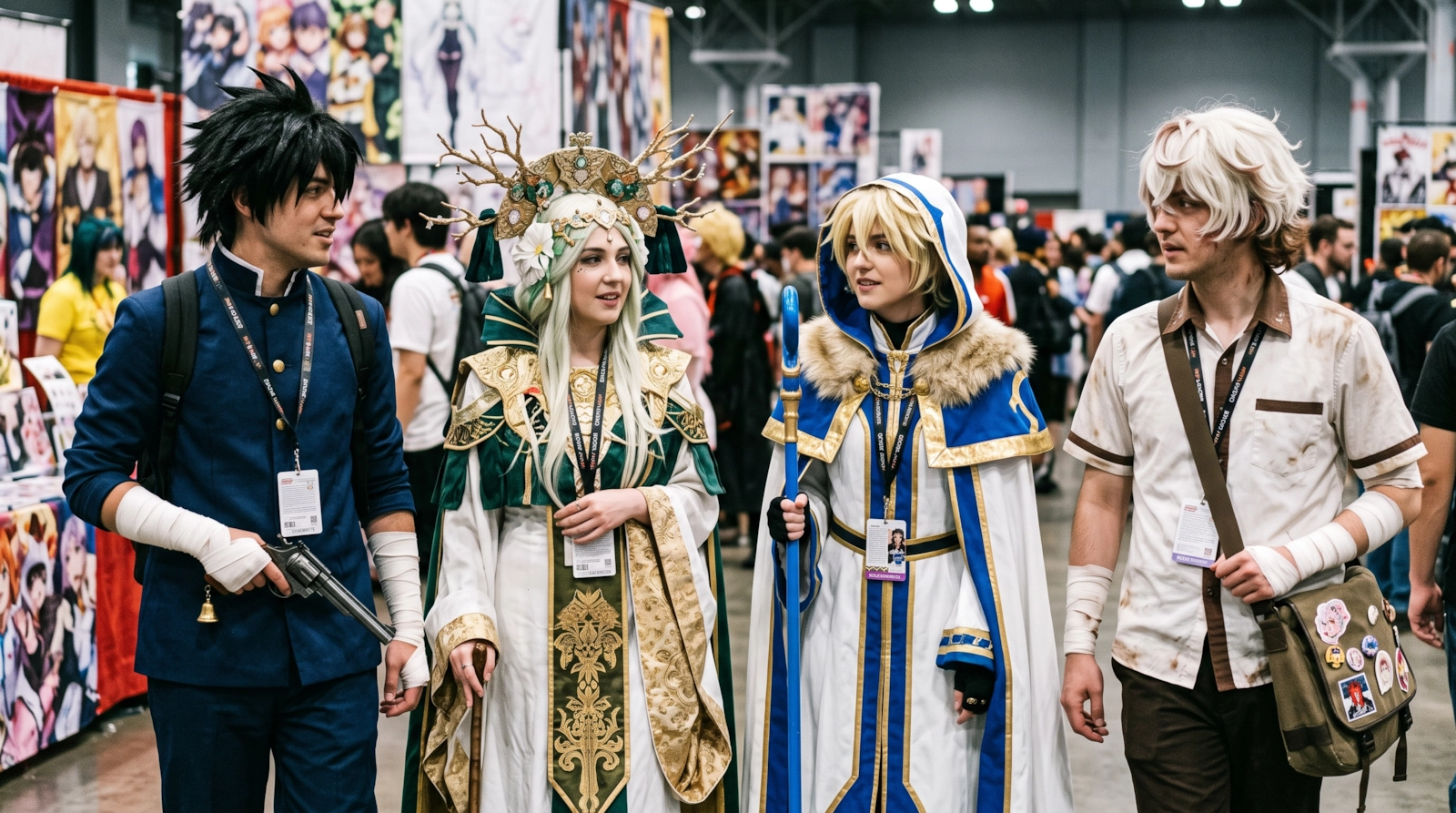 Four fans in anime-style costumes walking through a convention hall