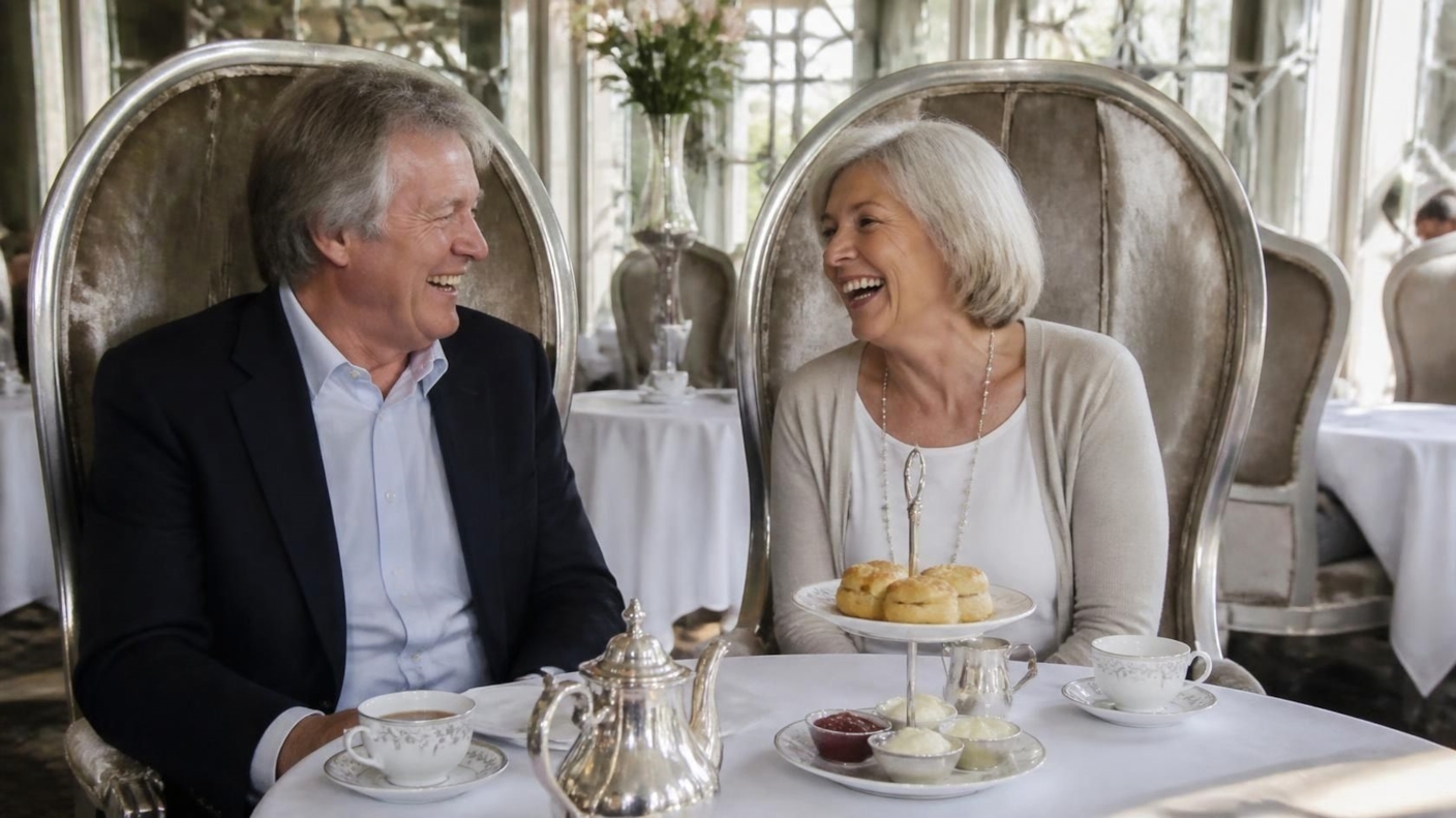 An older couple laughing over afternoon tea in an elegant tearoom