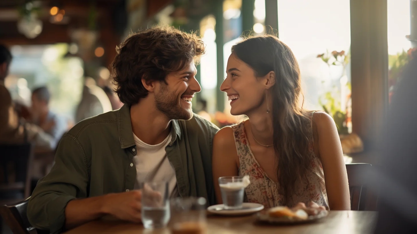 A couple smiling at each other over drinks in a cafe