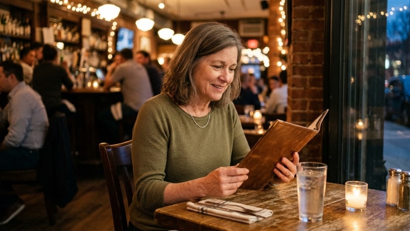 A woman sitting at a cozy restaurant table, looking at a menu with a slight nervous smile