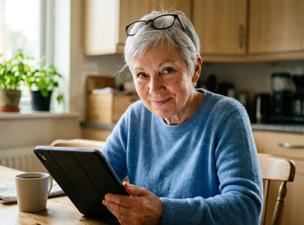 A woman in her mid sixties with a silver pixie cut and a blue jumper looks up from a tablet at her kitchen table with a calm, knowing smile (AI-generated image)