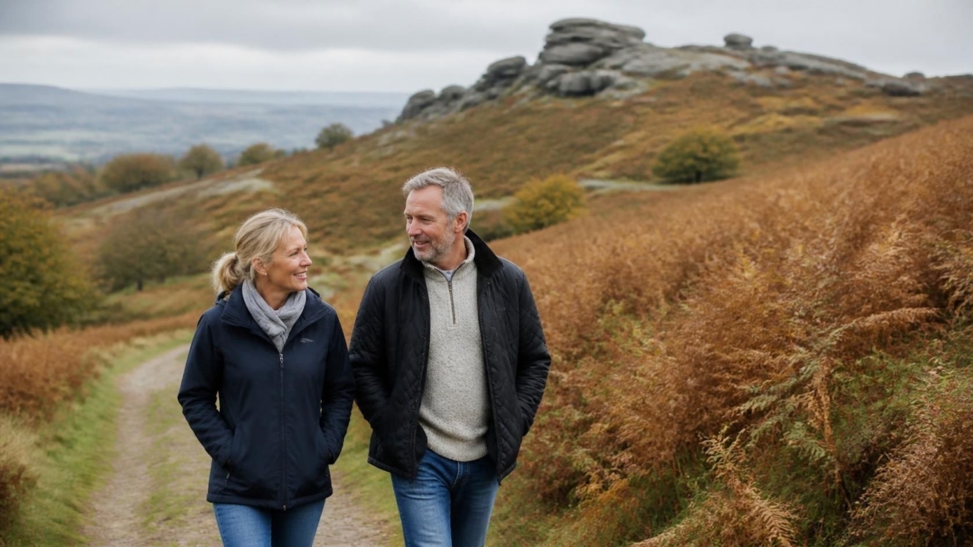A couple walking and talking on a moorland path in autumn