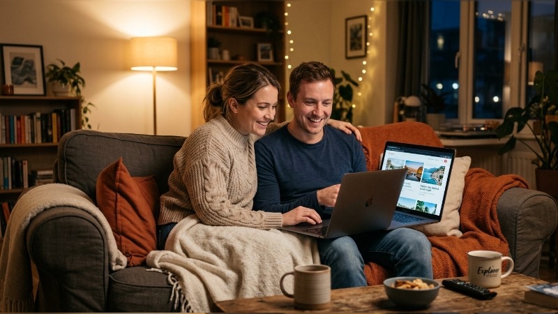 A couple browsing a swinging platform together on a laptop