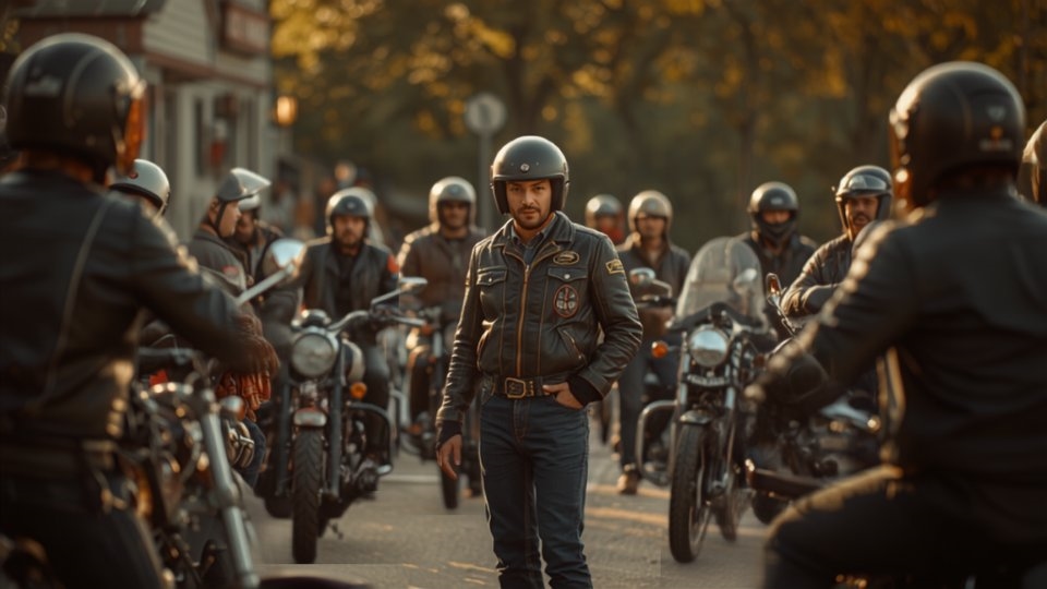 A new rider stands on foot in the middle of a tightly packed group of motorcyclists gathered on a city street at golden hour, looking like the odd one out