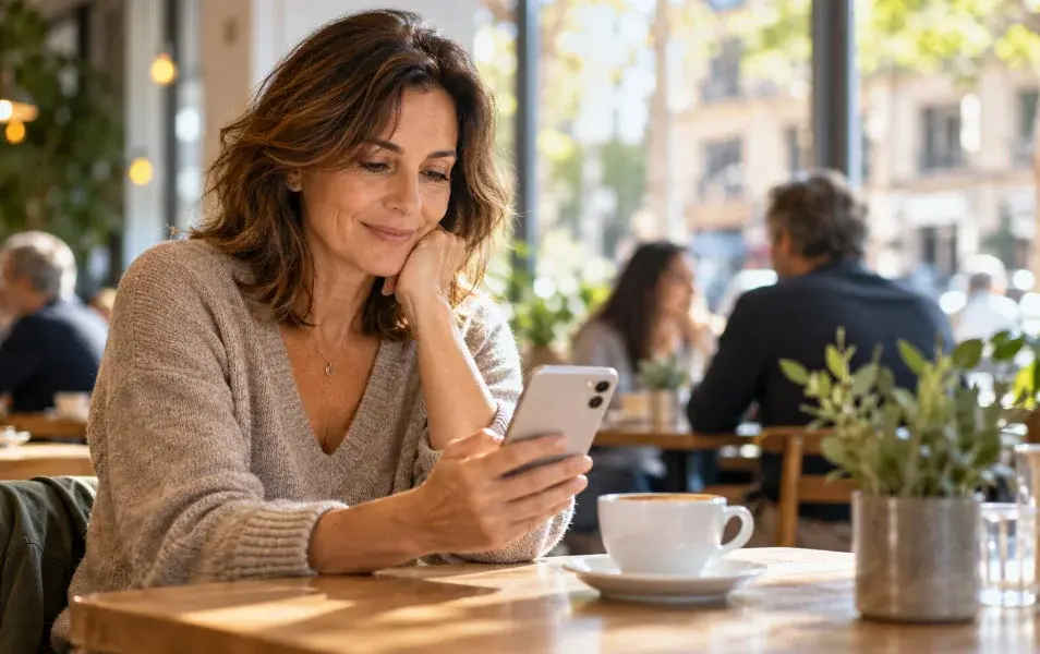 Seguridad en citas online: mujer madura leyendo mensajes en el móvil en una cafetería con gente alrededor