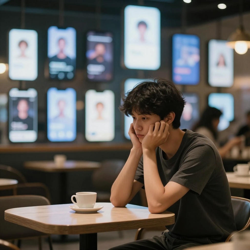 A young man sits alone at a coffee shop table, phone in hand, surrounded by blurred screens showing dating profiles in the background