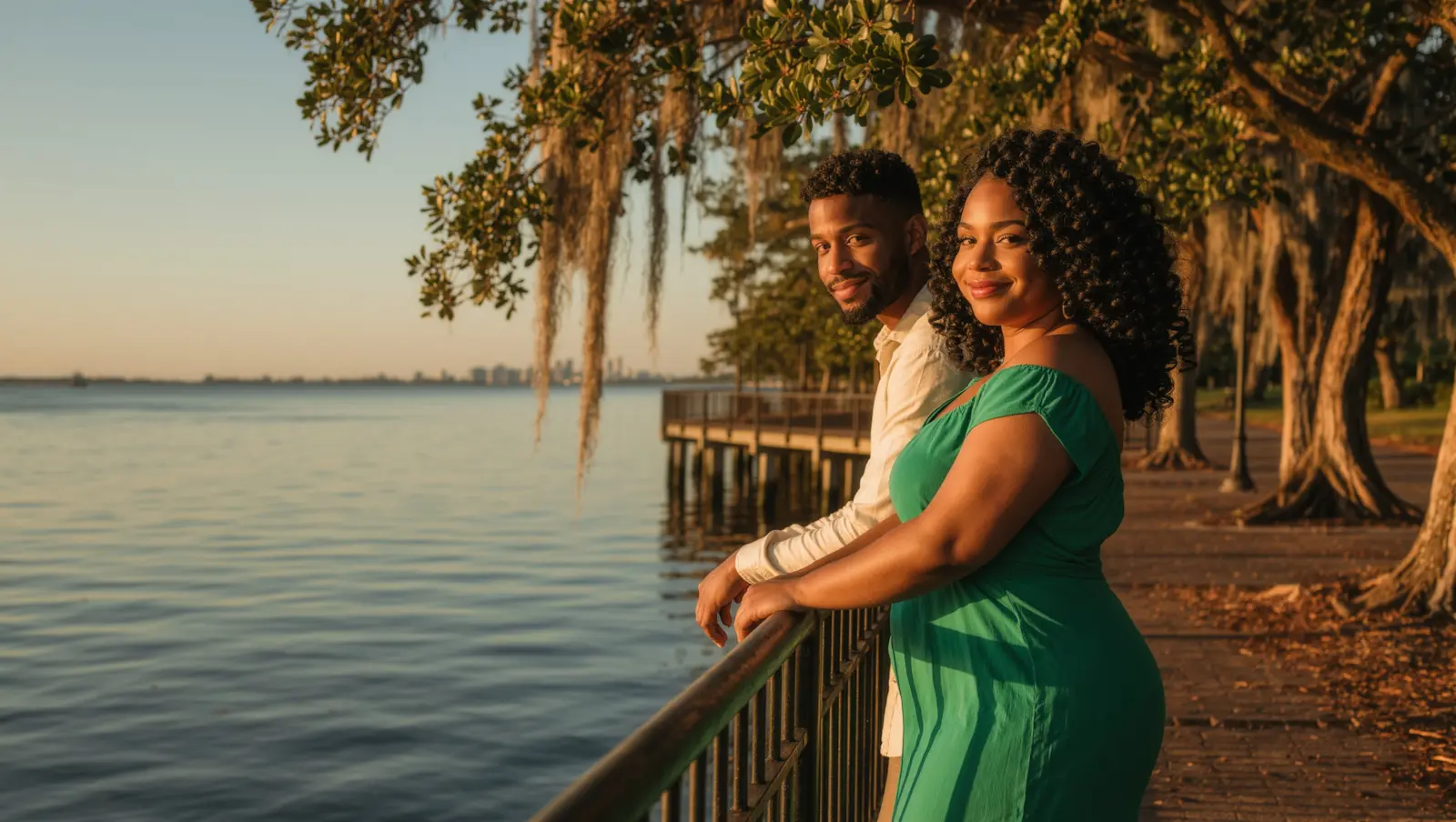 A woman in a green dress and a man in a light shirt leaning on a railing beside calm water under a mossy tree at sunset