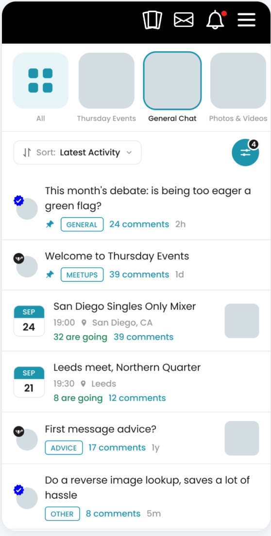 The new Spaces feed: compact rows sorted by latest activity, with comment counts and meetups.