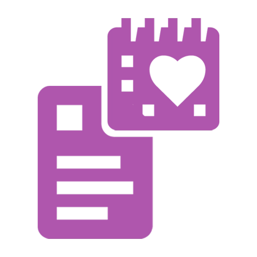 A digital notebook and calendar icon with a heart, representing community blogs and dating advice.