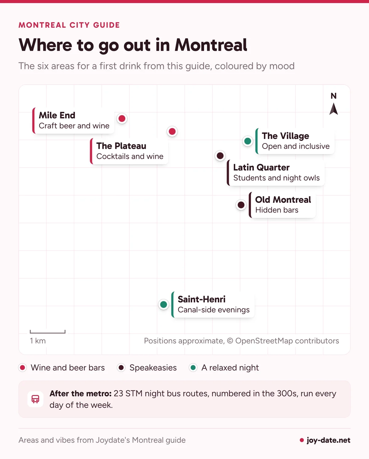 Map of Montreal first-drink areas: the Plateau and Mile End, Old Montreal and the Latin Quarter, the Village and Saint-Henri by the canal