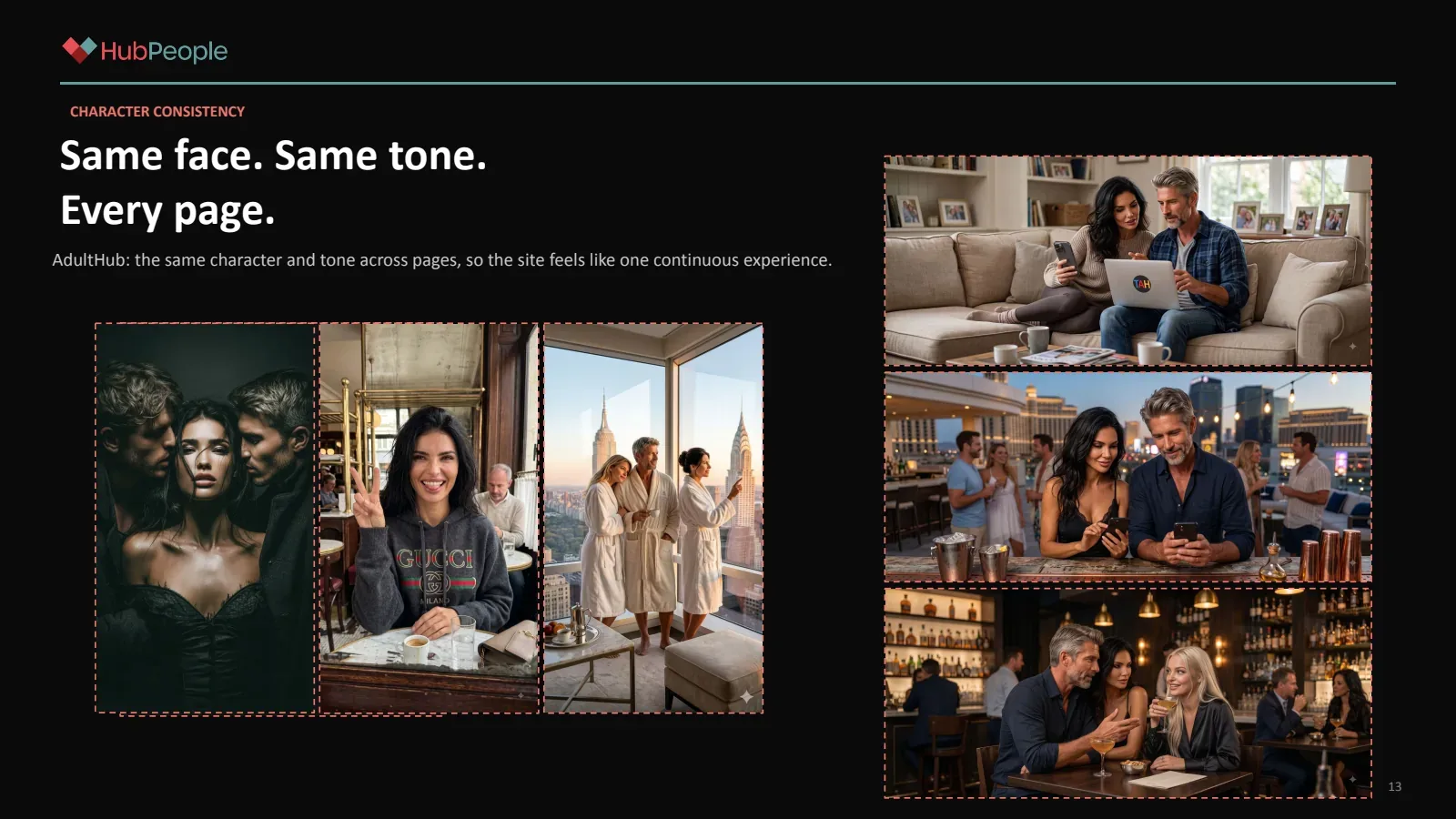Slide 12: Character consistency: same face, same tone, every page
